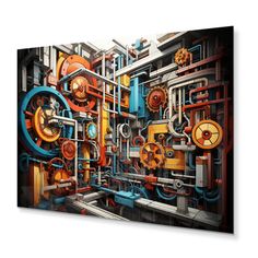 an abstract painting of pipes and valves on canvas wall art print, ready to hang