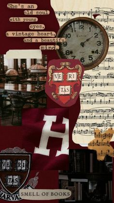 the collage has many different things on it, including a clock and other items