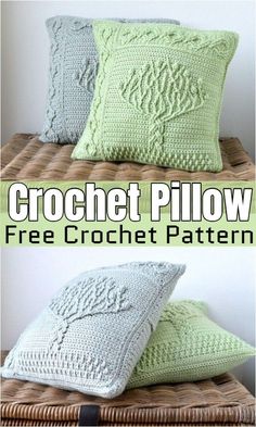 two crochet pillows sitting on top of a wicker basket with the words, crochet pillow free crochet pattern