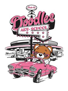 a drawing of a teddy bear driving a pink car