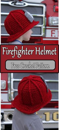 a child wearing a red knitted hat with the words firefighter helmet on it