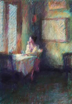 a pastel drawing of a woman sitting at a table in front of a window