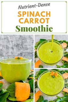 spinach carrot smoothie in a glass with orange slices and green leaves on the side