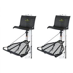 two black chairs sitting next to each other on top of a metal stand with wheels