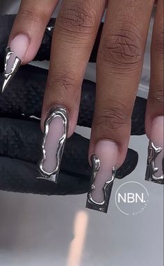 French Tip Acrylic Nails With Bling, Nails With Chrome Lines, Nail Ideas Black And Silver, Silver And White Nail Designs, Silver Chrome Acrylic Nails, Emerald Green And Silver Nails, Silver Nails Acrylic, Silver Chrome Nails, Ballerina Nails Designs