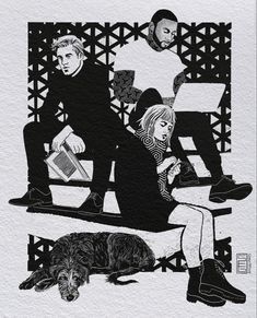 two people sitting on a bench with a dog next to them and a man reading a book