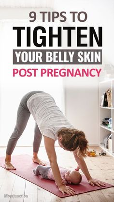 a woman is doing yoga with her baby on the mat in front of a bookshelf