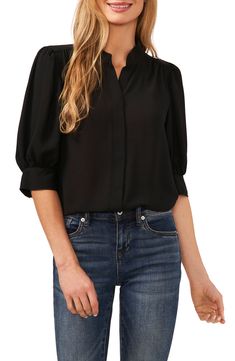 CeCe Puff Sleeve Button-Up Shirt | Nordstrom Cropped Button Up Shirt, Cap Sleeve Sweater, Professional Wardrobe, Elbow Length Sleeve, Button Front Shirt, Crop Shirt, Mandarin Collar, Denim Top, Womens Clothing Tops