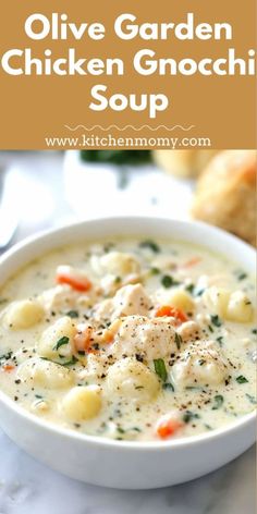 a white bowl filled with chicken gnocchini soup