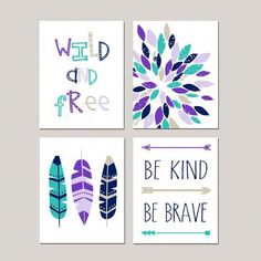 three colorful wall art pieces with the words be kind, be brave and wild and free