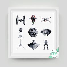 the star wars cross stitch pattern is displayed in a white frame