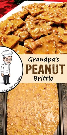 a pan filled with granola's peanut brittle on top of a table next to a