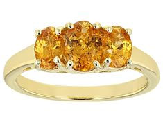 1.76ctw Oval Mandarin Garnet, 18K Yellow Gold Over Sterling Silver 3-Stone Ring. Measures Approximately 0.51"L x 0.26"W, Finished Under Gallery. Mandarin Garnet, Pyrope Garnet, Exotic Jewelry, 3 Stone Rings, Garnet Ring, Broken Chain, Garnet Rings, Garnet Gemstone, Types Of Rings