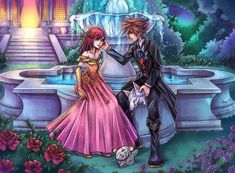 an anime scene with a man and woman dressed in formal clothes standing next to a fountain