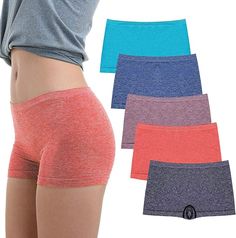 Fabric: Lightweight and breathable with 65% nylon, 30% polyester, and 5% spandex. Ultra-soft and comfortable for daily wear or sleeping.

Fitting: Snug yet stretchy, these boyshorts stay in place without riding up or cutting into the skin.

Tagless Label: Designed to prevent tag irritation or skin allergies.

Assorted Colors: Pack of 5 panties in various classic colors.

Model Size: 5'9", 148 lbs, wearing size M for reference. Womens Boxer Shorts, Woman Boxer, Womens Boxer, Lounge Lingerie, Under Dress, Boxer Shorts, Boxer Briefs, Boy Shorts, Briefs