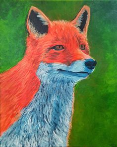 an acrylic painting of a red fox looking to the left with green background