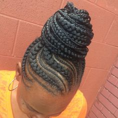 High Black Braided Bun Cornrow Top Bun, Natural Hair Braids Updo, Braided Hairstyles Updo For Work, Cornrow Braid Bun Styles, Updo Braids For Black Hair High Bun, Cornrows Updo Bun, Braided Up Do For Black Women, Updo Braided Hairstyles For Black Women, Goddess Braids Bun