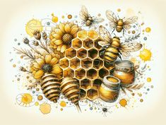 bees and honeycombs painted with watercolor on paper