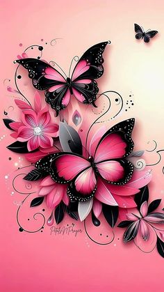 pink and black butterflies on a pink background