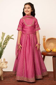 Pink chanderi silk lehenga featuring floral butti patterned panels and attached lining. Paired with a blouse and dupatta, embellished with gota details., Fit: Relaxed Girl Kid, Types Of Work, Can Can, Silk Lehenga, Girl Online, Aza Fashion, Sleeve Type, Lehenga, Pink Floral