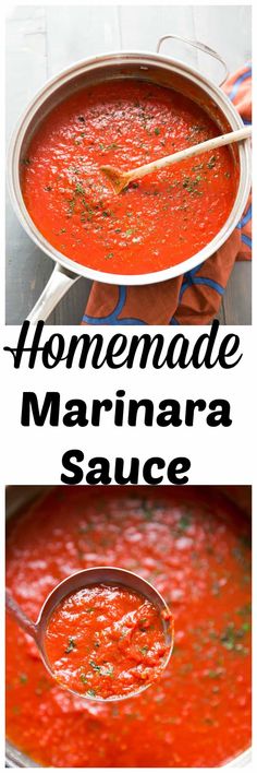 homemade marinara sauce in a pot with a wooden spoon on the side and an image of