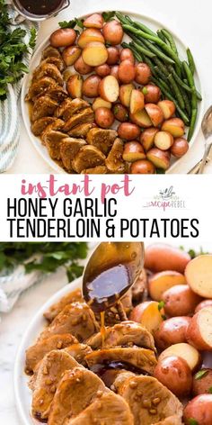 there is a plate full of potatoes and meat on the table with text overlay that reads instant pot honey garlic tender pork potatoes