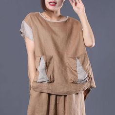 Loose asymmetric patchwork linen tunics for women Tunic Tops khaki blouse summer - Omychic Khaki Blouse, Linen Tunics For Women, Patchwork Art, Tunics For Women, Women Tunic, Blouse Summer, Art Summer, Linen Tunic, Cotton Linen Fabric