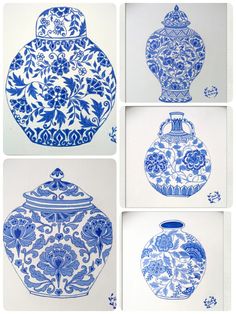 four pictures of blue and white vases