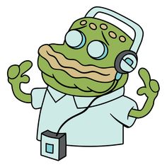 a cartoon character with headphones and a white lab coat is holding his hands up in the air