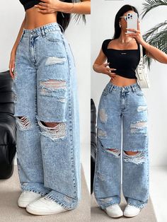 Women's Fashionable Distressed & Fading Loose Fit Jeans Blue Casual   Denim Plain Wide Leg Non-Stretch  Women Clothing, size features are:Bust: ,Length: ,Sleeve Length: H&m Clothes, Womens Jeans Outfits, Fancy Pants Outfit, Distressed Jeans Outfit, Vintage Baggy Jeans, Cute Ripped Jeans, Street Style Outfits Casual, Neat Casual Outfits, Cheap Pants