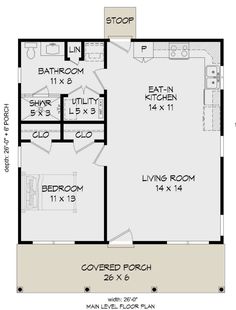 the floor plan for a two bedroom house with an attached bathroom and living room area