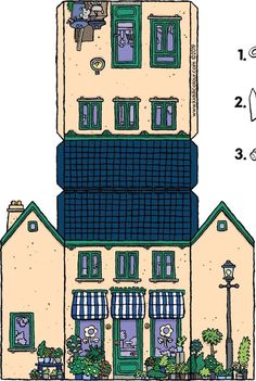 a drawing of a tall building with green windows