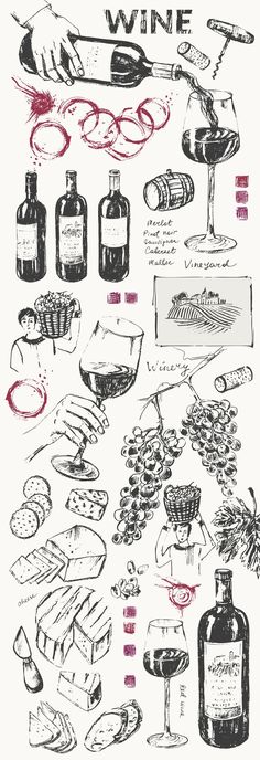 a drawing of wine bottles and glasses