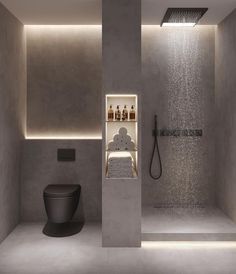 a bathroom with a shower, toilet and sink in the corner next to each other