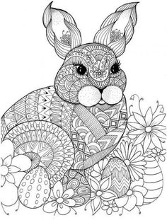 an adult coloring page with a rabbit sitting in flowers