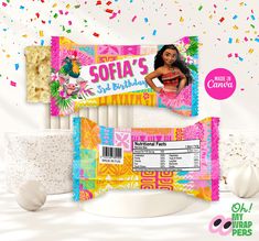 a candy bar with the name sofia's next to it and confetti