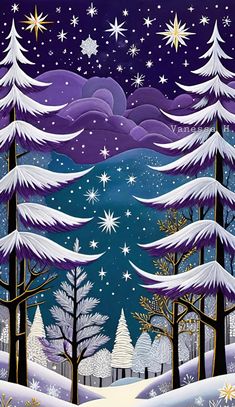 Yule Wallpaper, Winter Art Ideas, Blue Christmas Tree Decorations, Beautiful Winter Scenes, Naive Painting, Art Projects For Adults, Pretty Landscapes