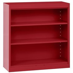 a red book shelf with three shelves