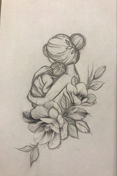 a pencil drawing of two people hugging each other with flowers in the foreground and behind them