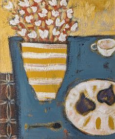 a painting of flowers in a vase on a blue tablecloth with yellow and white stripes