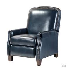 a blue leather recliner chair with nail polishing