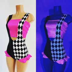 "This gorgeous neon set includes a suspender romper with siren cut leg. Neon pink hip ruffles, and matching neon pink tube top. The body of the romper is color split with black mystique on the right, and black and white diamond print on the left. Glows like mad under UV blacklight! Made to order, ships out within five days of purchase. Womens Sizing (See below for instructions on where measurements should be taken) XXS: Bust 29\"-30\" / Waist 22\"-23\" / Hips 30\"-32\" Extra Small: Bust 31\"-32\ Black Light Outfits, 80s Neon Outfit, Clowncore Outfit, Neon Clothes, Pink Tube Top, 80s Neon, Festival Outfits Rave, Neon Outfits, Outfits Rave