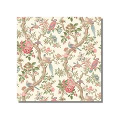 a wallpaper with birds and flowers on it, all in pinks and greens