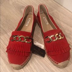 Never Worn , Excellent Condition Mossimo Dutti Brand Espadrilles . Genuine Suede With Gold Chain Metal Trim . Size 10 (41european ) Red Red Leather Casual Espadrilles, Red Leather Round Toe Espadrilles, Red Leather Espadrilles For Spring, Spring Red Leather Espadrilles, Red Flat Espadrilles For The Beach, Red Flat Espadrilles For Beach, Red Casual Espadrilles With Flat Heel, Casual Red Espadrilles With Flat Heel, Casual Red Flat Heel Espadrilles