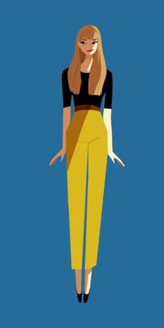 a woman in yellow pants and black top with her hands on her hips, standing against a blue background