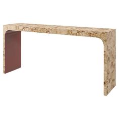 a marble and wood console table with a red metal shelf on the top, against a white background