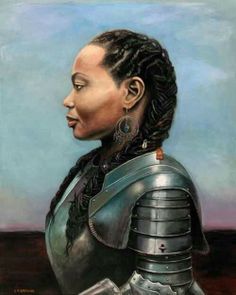 a painting of a woman in armor with braids on her hair and wearing earrings