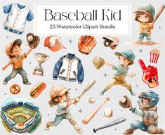 the watercolor clipart bundle includes baseball players and sports equipment, such as shirts, hats, gloves, mitts, balls, bats