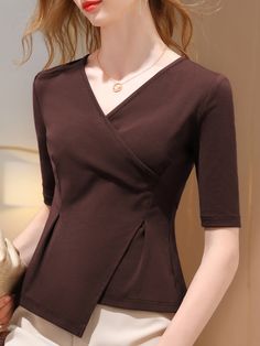 SkuCY-!116337Material>90%Cotton , Spandex StyleHalf Sleeves , Skinny FeatureAsymmetric , Solid Color NecklineV-neck OccasionCasual , Office , Urban SeasonsSpring , Summer , Autumn TypeT-Shirts Tops ColorRED,WHITE,BLACK,COFFEESizeS,M,L,XL,2XL,3XL Please consult the size chart we provide for this item's measurements to help you decide which size to buy.Please note: There may be 1-3cm differ due to manual measurement.CMINCHBustShoulderSleeveLengthS78-86362849M82-903728.550L88-96382951XL92-1003929.5 Style Definition, Coffee Color, Bottoming Shirt, Black Coffee, Shirts & Tops, White Green, Black Long Sleeve, Deep Blue, T Shirt Top