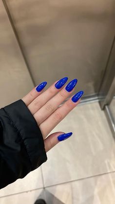 Cobalt Almond Nails, Blue Nail Almond Shape, Royal Blue Gel Nails Almond, 3 Inch Nails, Royal Blue Almond Acrylic Nails, Long Almond Acrylic Nails Solid Color, Dark Blue Prom Nails Almond, Royal Blue Nails Summer, Neon Blue Almond Nails